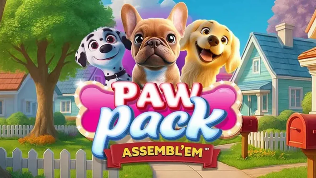 Tampilan visual slot Paw Pack Assembl’Em dengan karakter anjing yang ceria