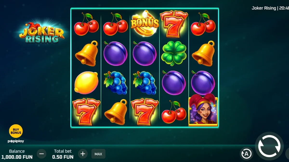 Tampilan visual slot Joker Rising dengan simbol buah neon dan karakter Joker